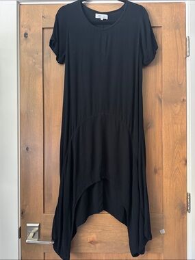 Lotus Traders Rayon crinkle Black midi dress Womens S shark bite hem Lagenlook
